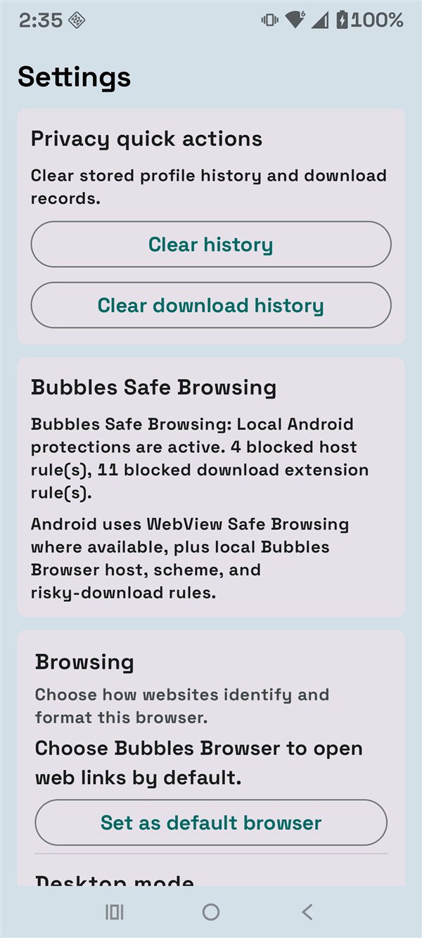 Bubbles Browser settings
