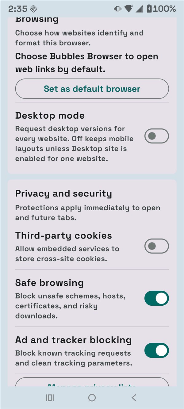 Browsing and privacy settings