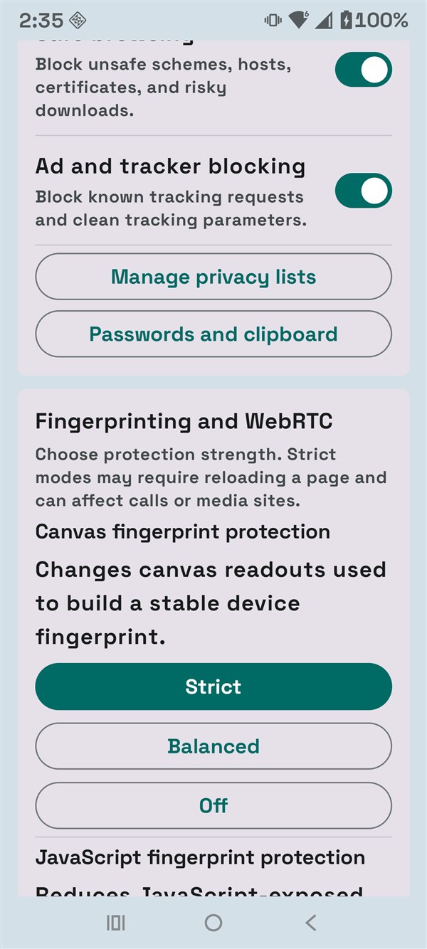 Ad blocking and fingerprinting protections