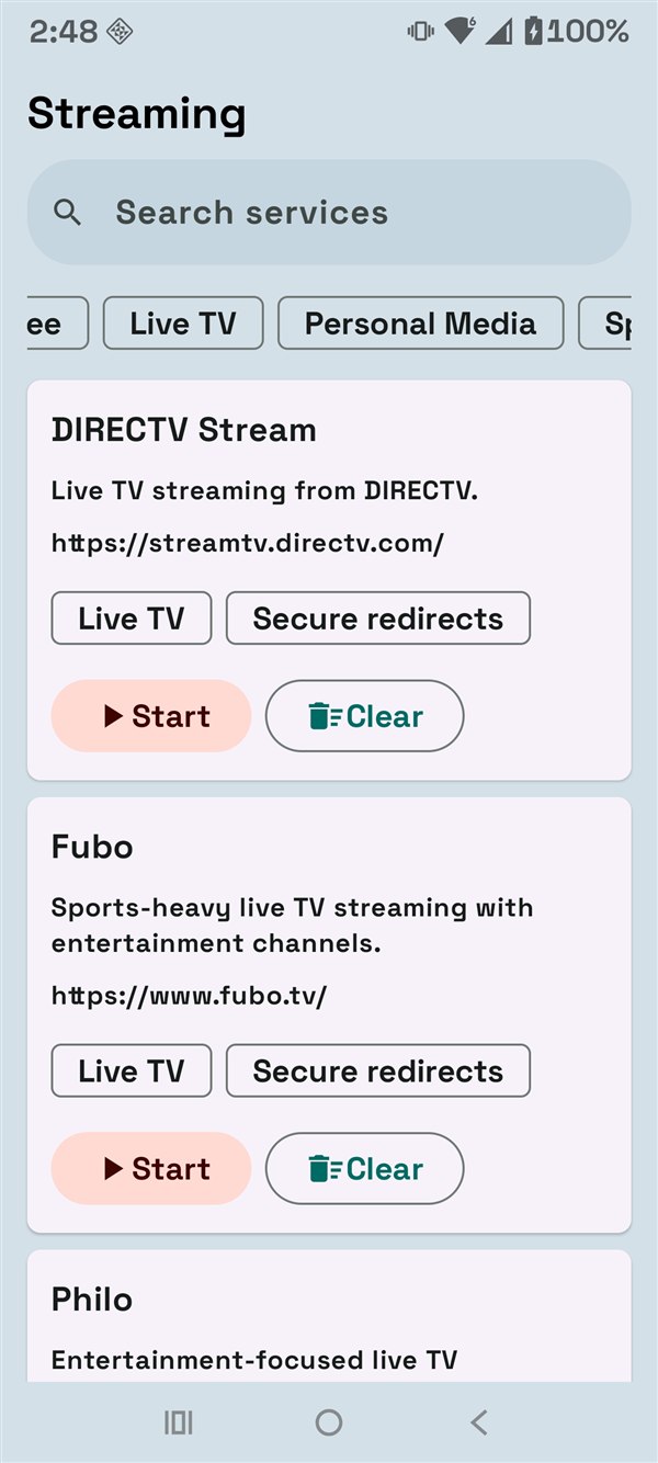 Streaming Hub Live TV tab