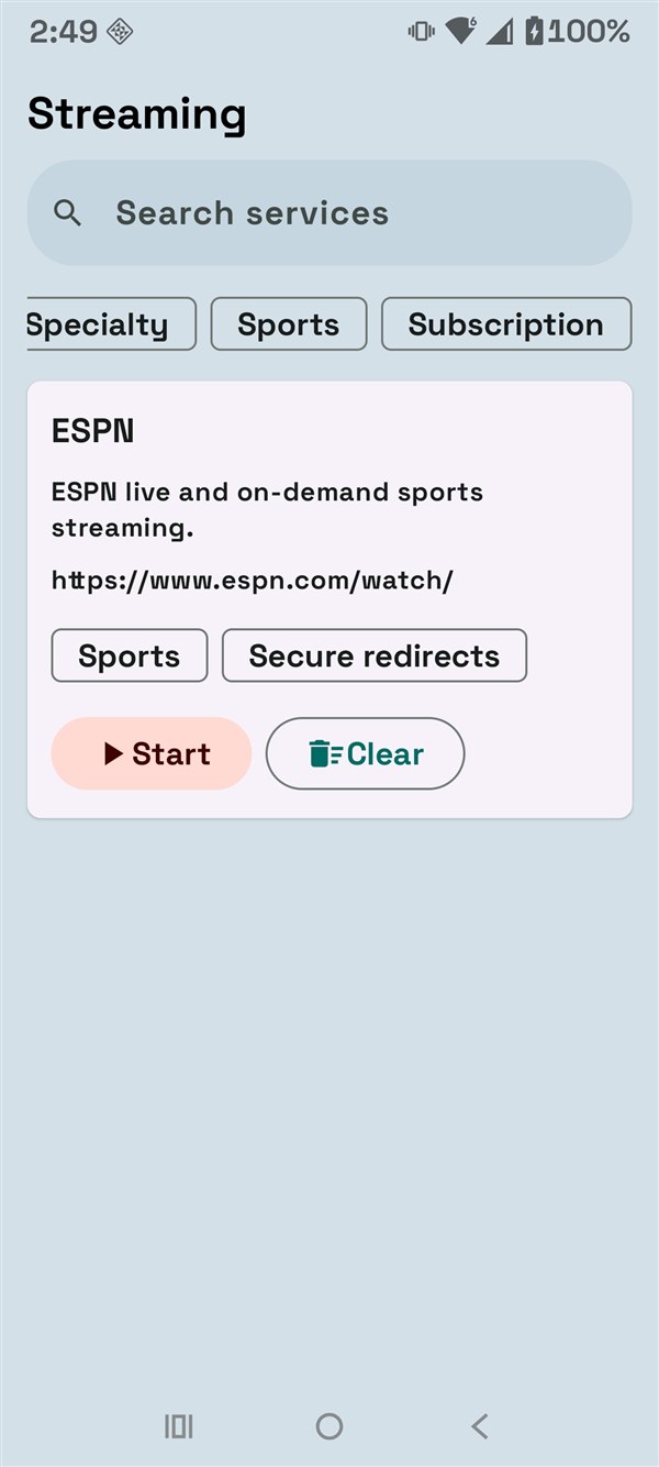 Streaming Hub Sports tab